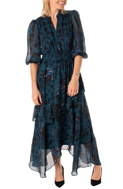 Taylor Dresses Floral Balloon Sleeve Handkerchief Hem Chiffon Dress In Victorian Peacock