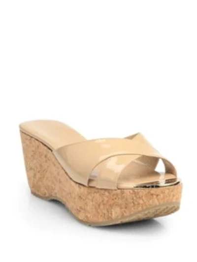 Jimmy Choo Prima Patent Leather Cork Wedge Sandals In Nude