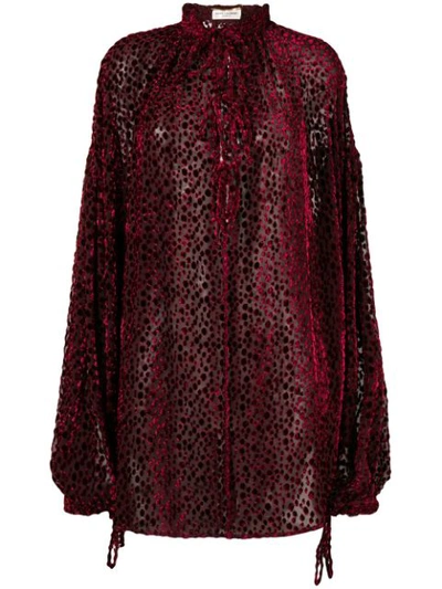 Saint Laurent Flocked Velvet Polka-dot Peasant Blouse In Multicolor