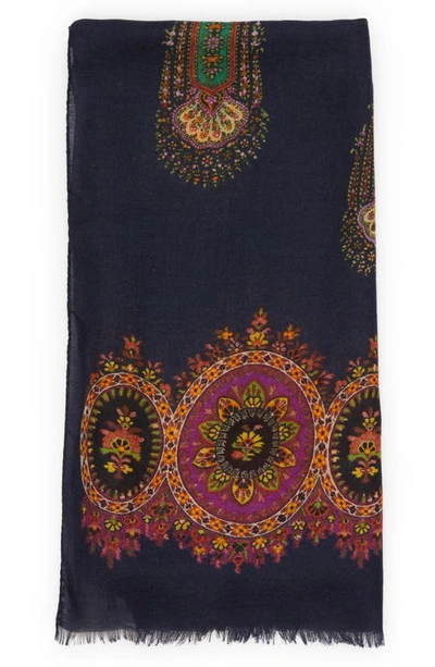 Etro Paisley Wool, Cashmere & Silk Scarf In Navy