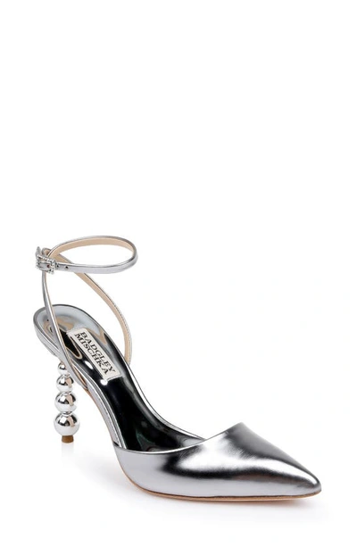 Badgley Mischka Indie Ii Ankle Strap Pointed Toe Pump In Silver Leather