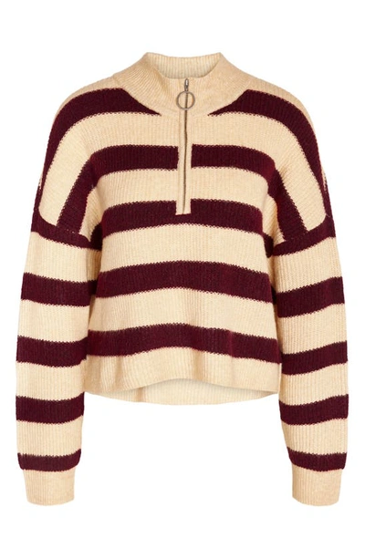 Noisy May New Alice Stripe Quarter Zip Sweater In Windsor Wine Stripes