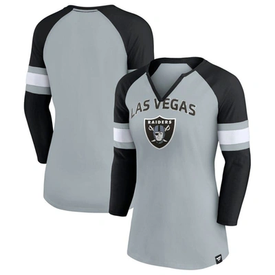Fanatics Women's  Gray, Black Las Vegas Raiders Arch Raglan 3/4-sleeve Notch Neck T-shirt In Gray,black