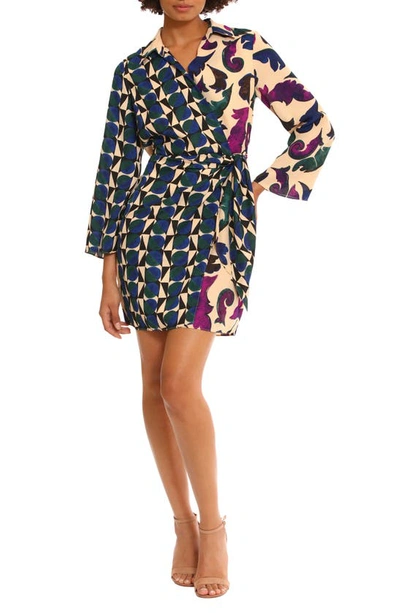 Donna Morgan For Maggy Mixed Print Long Sleeve Wrap Minidress In Bone/ Pine