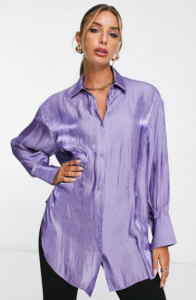 Asos Design Oversize Metallic Button-up Shirt In Purple