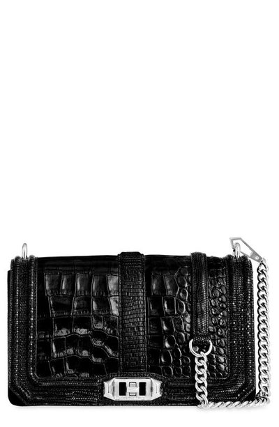 Rebecca Minkoff Love Croc Embossed Leather Crossbody Bag In Black/ Black