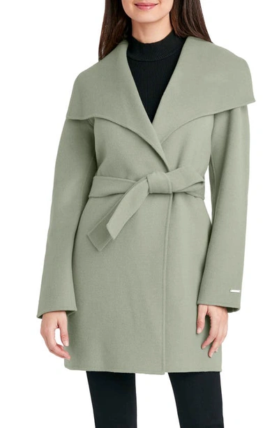Tahari Ella Tie Belt Wool Blend Coat In Sage