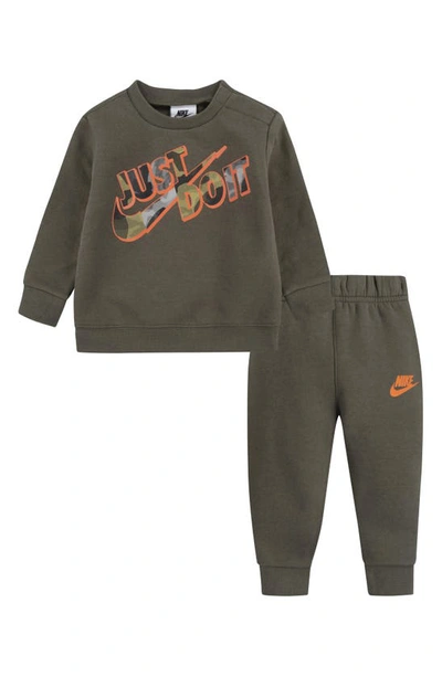 Nike Babies' Just Do It Camo Fleece Sweatshirt & Joggers Set In Medium Olive