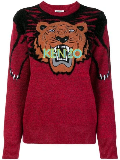 Kenzo Tiger Embroidered Intarsia Kint Sweater In Red