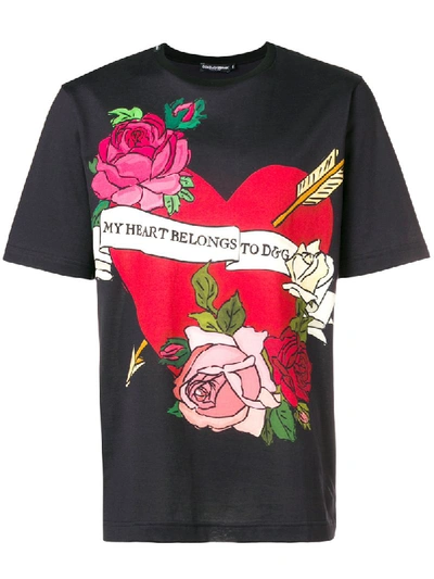 Dolce & Gabbana Heart Printed Cotton Jersey T-shirt In Black