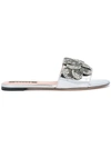 Rochas Shiny Leather Flat Slide Sandal With Crystal Flower In Metallic