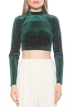 Alexia Admor Ari Long Sleeve Studded Velvet Crop Top In Emerald