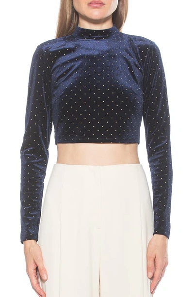 Alexia Admor Ari Long Sleeve Studded Velvet Crop Top In Navy