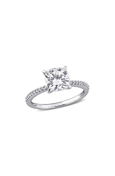 Delmar 14k White Gold Cushion Cut Lab Created Moissanite & Diamond Ring In Silver