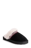 Muk Luks Dawn Suede Scuff Slipper With Genuine Shearling Trim In Ebony