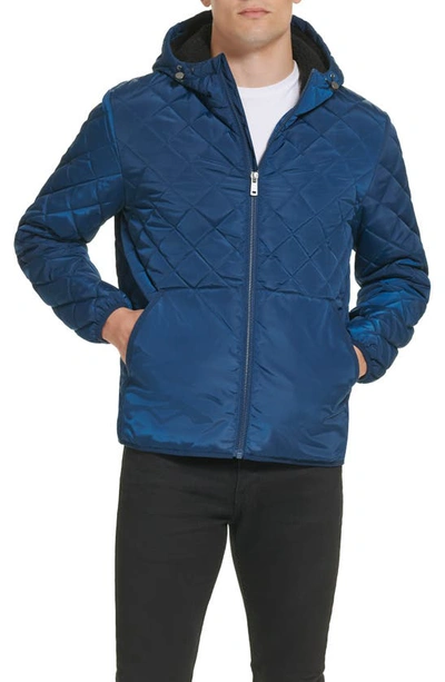 Kenneth Cole New York Faux Shearling Lined Hood Quilted Puffer Jacket In Marine