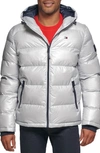 Tommy Hilfiger Quilted Puffer Hooded Mid Length Jacket In Grey