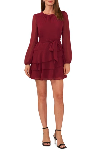 Halogen Asymmetric Ruffle Belted Long Sleeve Minidress In Chianti