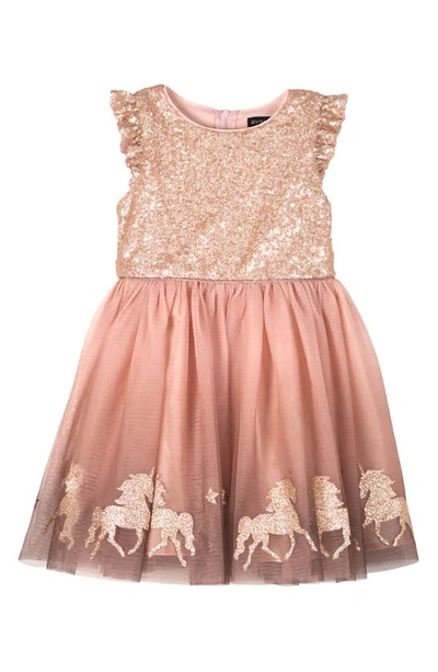 Zunie Kids' Sequin Ruffle Party Dress In Mocha/blush