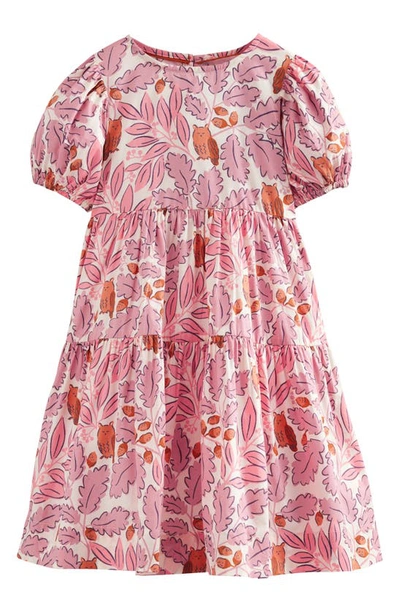 Mini Boden Kids' Leaf Print Tiered Cotton Dress In Almond Pink Leaves