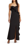 Marina Cascade Ruffle Off The Shoulder Gown In Black