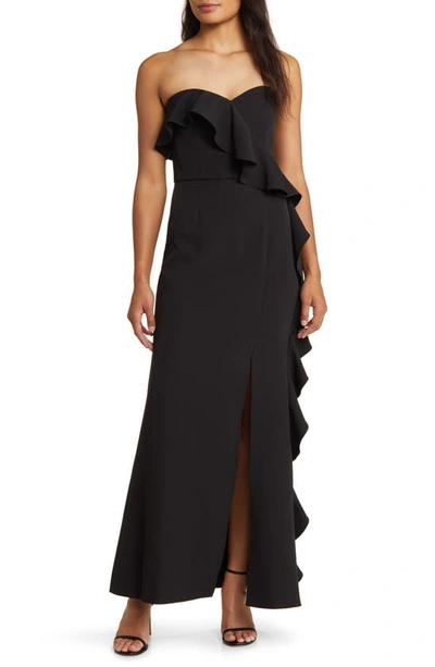 Marina Cascade Ruffle Off The Shoulder Gown In Black