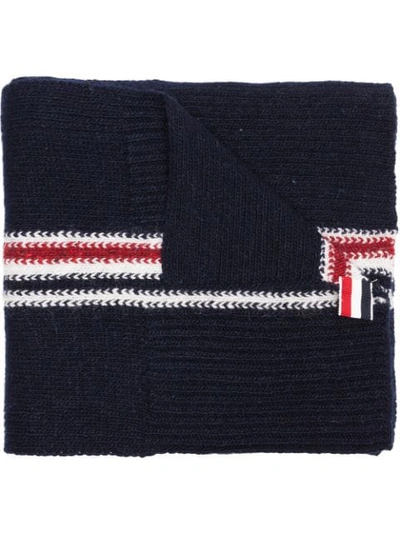 Thom Browne Navy Wool Striped Scarf - Blue