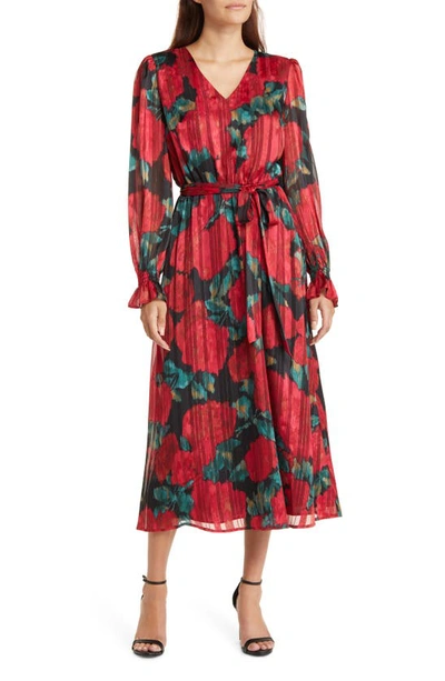 Anne Klein Floral Pleated Long Sleeve Dress In Red