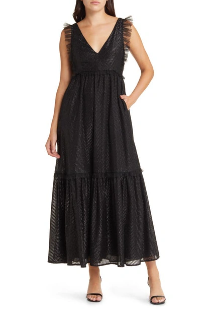 Chelsea28 Metallic Mesh Ruffle Gown In Black