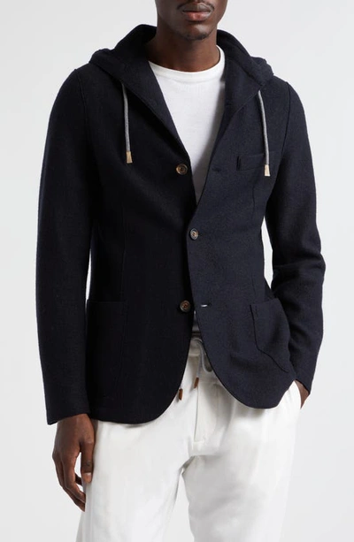 Eleventy Boiled Wool Hooded Sport Coat In Navy