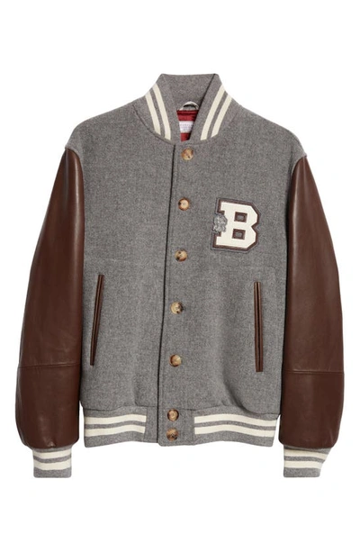 Brunello Cucinelli Wool & Leather Varsity Jacket In Cfm80-grey / Leather