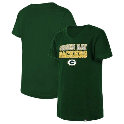 New Era Kids' Girls Youth  Green Green Bay Packers Reverse Sequin V-neck T-shirt