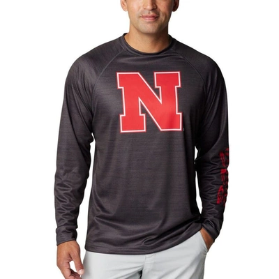 Columbia Heather Charcoal Nebraska Huskers Pfg Terminal Tackle Omni-shade Raglan Long Sleeve T-shir