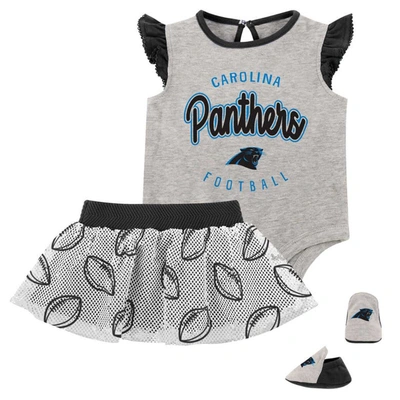 Outerstuff Babies' Girls Infant Heather Gray/black Carolina Panthers All Dolled Up Three-piece Bodysuit, Skirt & Bootie