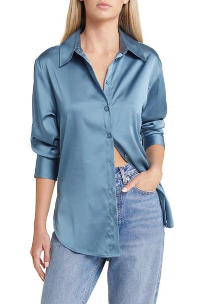Open Edit Satin Button-up Shirt In Blue Stone