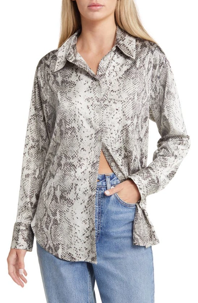 Open Edit Satin Button-up Shirt In Grey Snaked