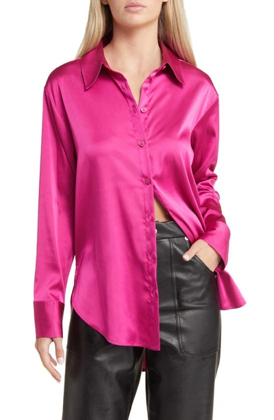 Open Edit Satin Button-up Shirt In Pink Fuchsia