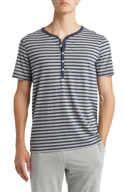Daniel Buchler Heathered Stripe Recycled Cotton Blend Henley Pyjama T-shirt In Navy/ Grey
