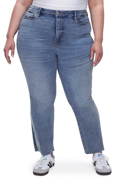 Good American Good Curve Pieced Raw Hem High Waist Ankle Straight Leg Jeans In Indigo708