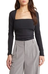 Open Edit Ruched Square Neck Top In Black