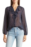 Pleione Ruffle Long Sleeve Button Front Blouse In Navy/ Beige Dot