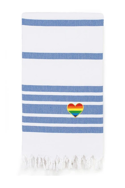Linum Home Textiles 100% Turkish Cotton Herringbone Cheerful Rainbow Heart Pestemal Beach Towel In Blue