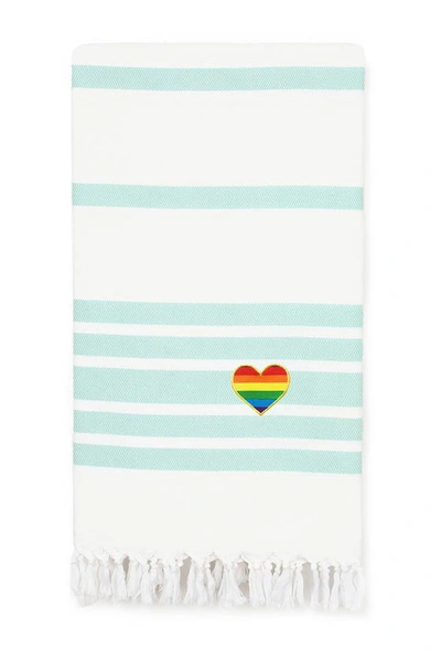 Linum Home Textiles 100% Turkish Cotton Herringbone Cheerful Rainbow Heart Pestemal Beach Towel In Green