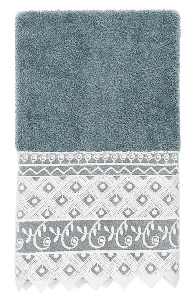 Linum Home Textiles 100% Turkish Cotton Aiden White Lace Embellished Hand Towel In Blue