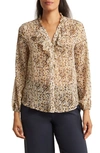 Pleione Ruffle Long Sleeve Button Front Blouse In Brown Khaki Combo Dots