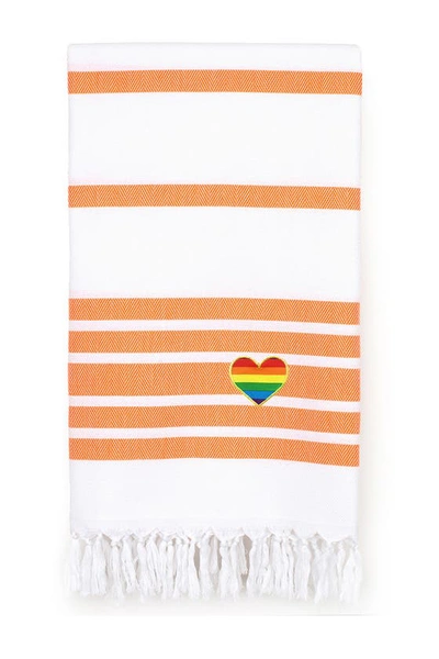 Linum Home Textiles 100% Turkish Cotton Herringbone Cheerful Rainbow Heart Pestemal Beach Towel In Orange