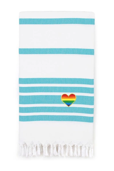 Linum Home Textiles 100% Turkish Cotton Herringbone Cheerful Rainbow Heart Pestemal Beach Towel In Turquoise & White