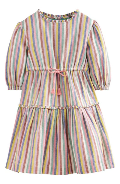 Mini Boden Kids' Rainbow Stripe Cotton & Linen Tiered Dress In Brown And Lilac Rainbow