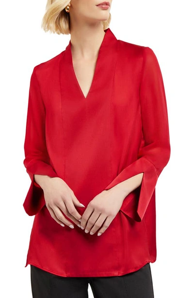 Misook Slit Cuff Long Sleeve Crepe De Chine Blouse In Red