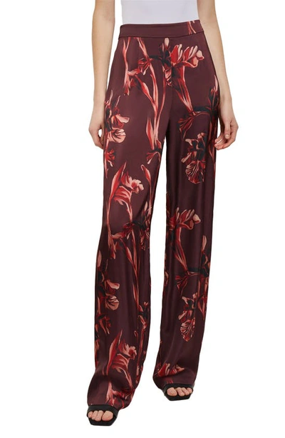 Misook Floral-print Straight-leg Crepe De Chine Pants In Red